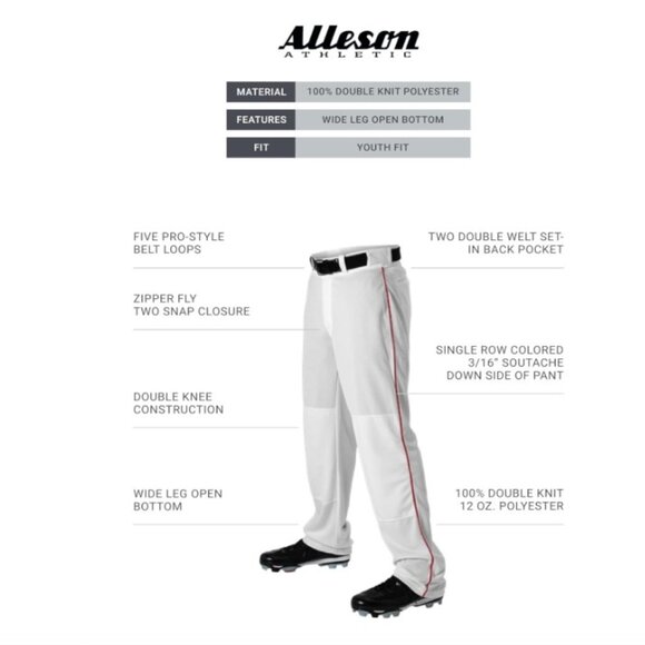 Youth Alleson Athletic Baseball Pants – White with Blue Braid Piping Size M, New - Picture 2 of 12